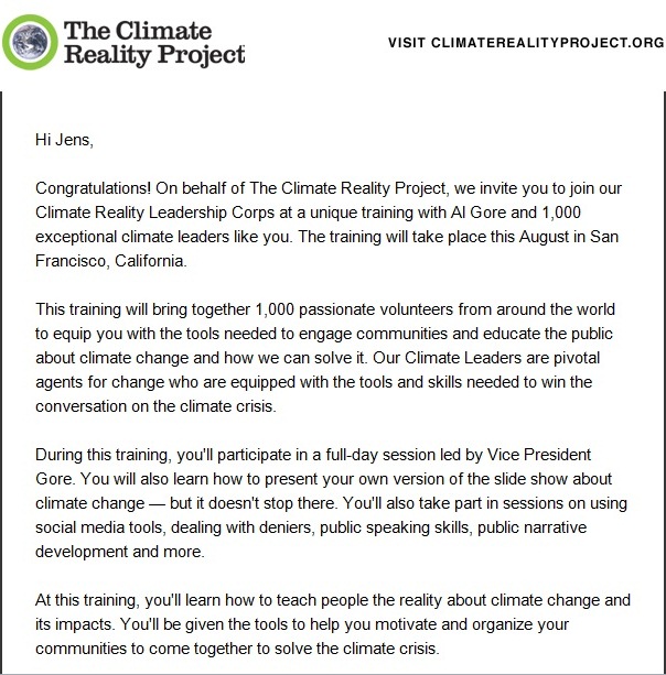 Antagningsbrev till Al Gores klimatutbildning i augusti 21012